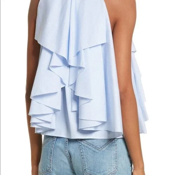 CAROLINE CONSTAS Like New Adrie Striped Ruffle Blouse L Blue White Sleeveless - Picture 2 of 14